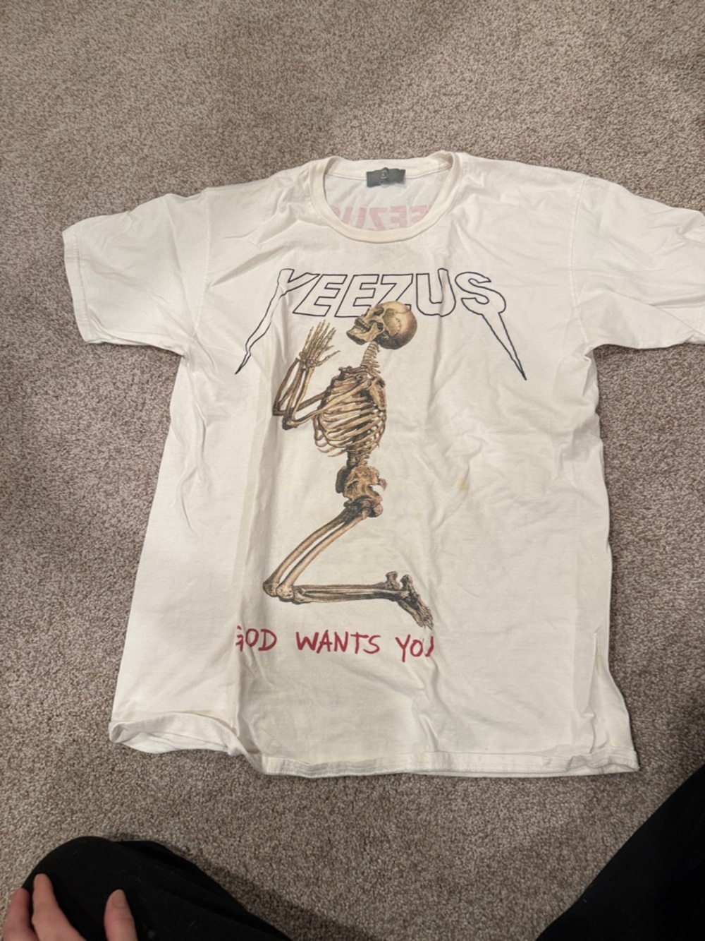 Rare authentic Yeezy Kids Cream Graphic Tee with Skeleton Prayer Print